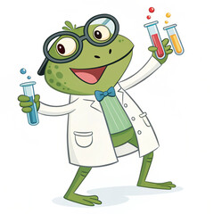 Funny Cartoon Frog Scientist with Test Tubes on White