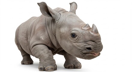 Obraz premium Adorable baby rhino stands against bright white background. AI Generated