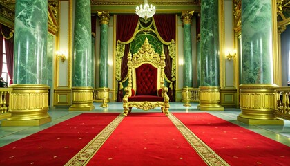 Ornate throne room with a majestic gold and red throne awaits.