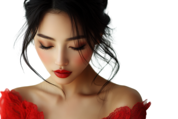 Beautiful asian woman in lace top closes eyes, enjoys sunlight and relaxation against transparent background, portrait with flowing black hair