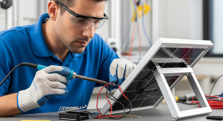 Technician Soldering Wires to Solar Panel in Lab