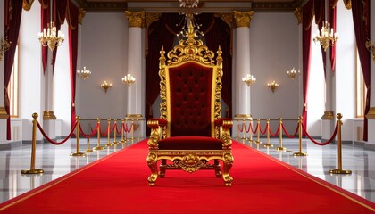 Majestic golden throne sits on a red carpet in a grand hall.
