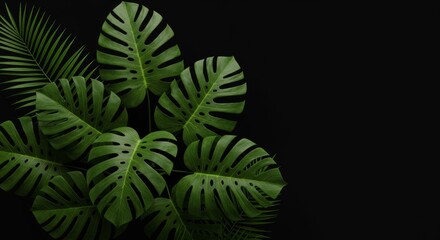 Large green monstera leaves on a dark background with copy space 