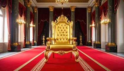A majestic golden throne sits in a grand palace hall.