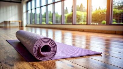 Rolled up purple yoga mat on a polished wooden floor in a bright studio with large windows