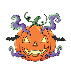 Spooky Halloween Pumpkin With Glowing Face Bats And Purple Smoke Cartoon Illustration