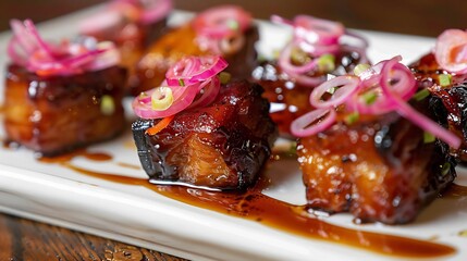 "Side view pork belly bites, glaze sheen, pickled onion garnish, chaos 26