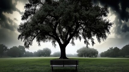 Bench under oak tree, peaceful green meadow with dark clouds.