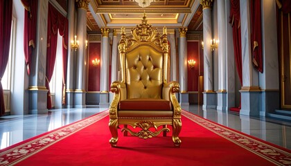 Majestic golden throne sits in a grand hall with red carpet and ornate columns.
