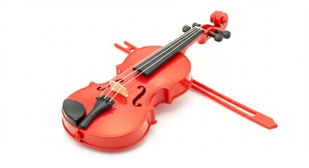 Vibrant red violin rests elegantly on white background bathed in soft light. AI Generated