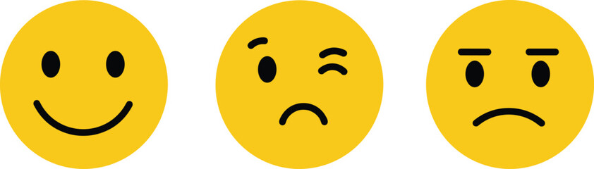 A flat vector illustration of a happy, winking, and angry face emoji set, perfect for expressing feelings, feedback, or mood