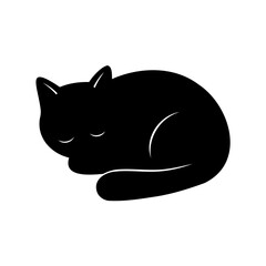 A minimalist black and white illustration of a sleeping cat curled up