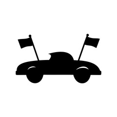 Iconic race car silhouette with two flags for victory celebration concept