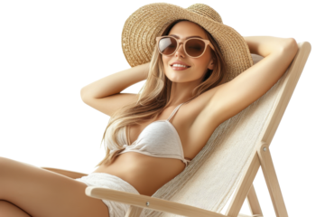 Woman relaxing on a beach chair wearing hat and sunglasses during Summer on a transparent background