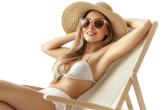 Woman relaxing on a beach chair wearing hat and sunglasses during Summer on a transparent background