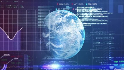Animation of financial data processing over globe on dark background - Powered by Adobe