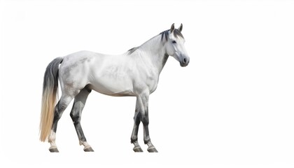Majestic grey horse stands gracefully against a white background.