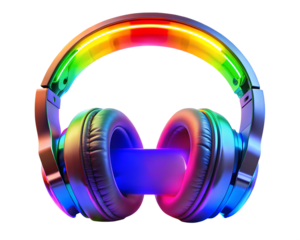 Overear headphones with vibrant rainbow led lights, isolated on transparent background