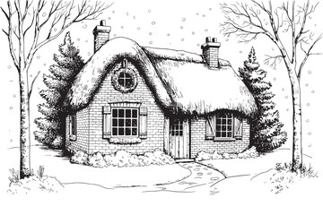 Charming Thatched Roof Cottage in a Snowy Winter Landscape with Bare Trees