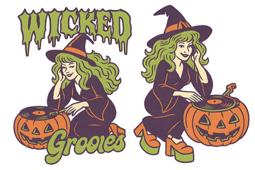 A witch is sitting on a record player