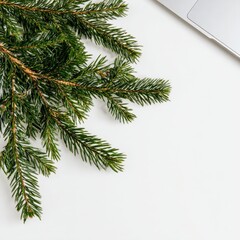 Obraz premium Fresh green pine branch next to modern laptop on white surface
