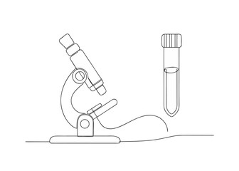continuous one line art drawing of microscope and lab jpg with on white background