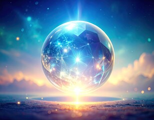 Glowing Spherical Orb Containing a Starry Galaxy on a Dreamy Starscape Background