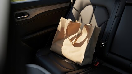Paper bag with food in the back seat of a car during the day