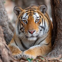 Obraz premium An intense portrait of a majestic tiger, showcasing its striking orange and black stripes, resting near trees. The tiger stares directly at the viewer with piercing eyes, exuding power and grace.