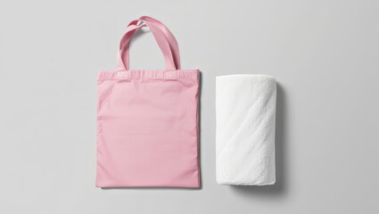 Pink tote bag and white towel roll isolated on white background