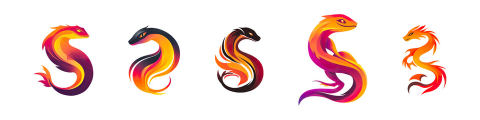 Collection of 2D illustration of a minimalistic salamander logo with fiery colors isolated on transparent background