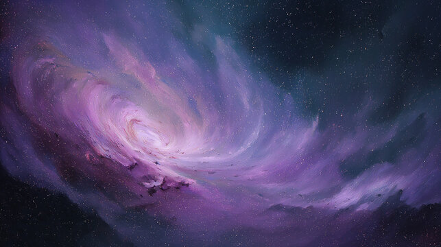 Abstract galaxy cloudburst with swirling violet hues, creating a cosmic, ethereal scene full of depth, motion, and vibrant energy.
