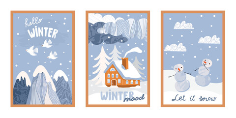 Fototapeta premium Hello winter card set with house, snowy mountains, flying birds, clouds, snowmen, trees, snowfall, hand written. Cartoon objects with textures. Blue, white, brown colors. Vector flat illustrations.