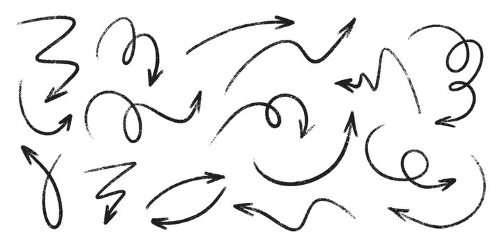 Crayon arrow set with rough texture - zigzag and looped, wavy and curved directional markers for creative design. Hand sketched black pointers on white bg for navigation, presentation or infographic.
