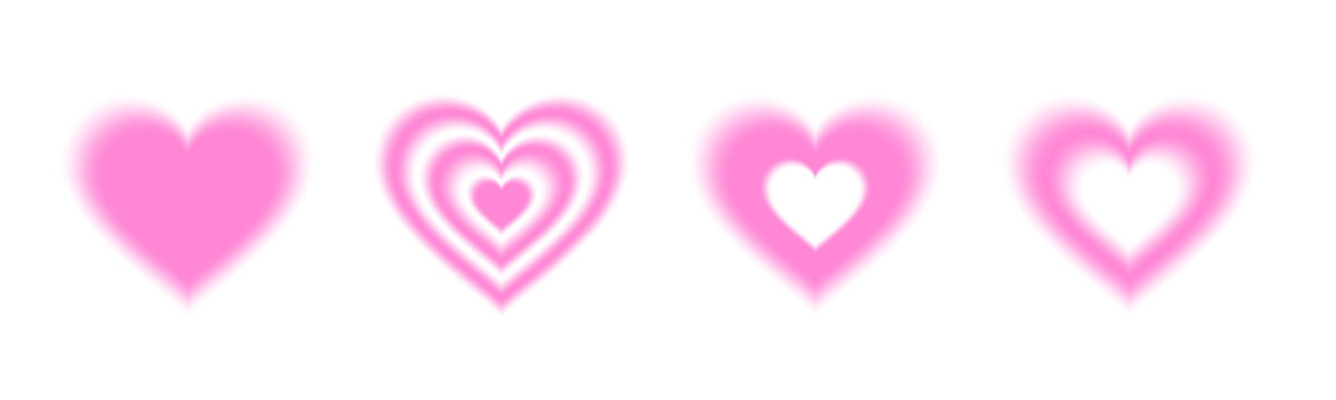 Pink y2k aura heart shapes with soft blur gradient for romantic design and trendy aesthetics. Glowing love symbols with blurry forms on white for Valentine day cards or digital decoration.