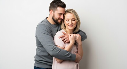 Fototapeta premium Happy couple lovingly embraces against soft light background. AI Generated