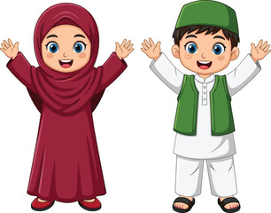 Cartoon children in traditional dress, cultural celebration, smiling kids, festive attire, happy moment, diverse illustration, cheerful pose