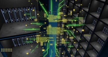 Animation of circuit board and digital data processing over computer servers - Powered by Adobe
