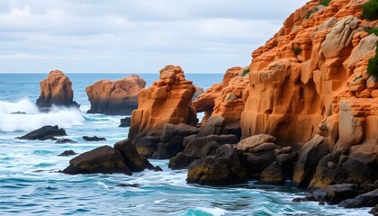 Hexagonal Stone Pillars on Rocky Coastline
