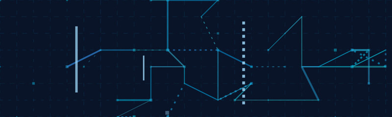 Futuristic network interface with geometric lines and dots on dark background.