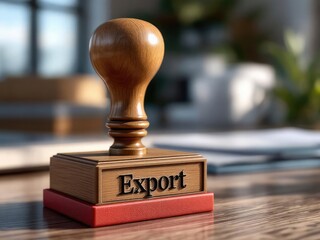 Rubber stamp with the inscription 'Export' engraved on its surface The stamp features a sturdy wooden handle, polished to a shine, and has a square, red rubber
