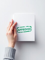 Female hand applying a green ink stamp that reads 'APPROVED' The hand is gracefully curved around the stamp as it hovers above a clean, white surface