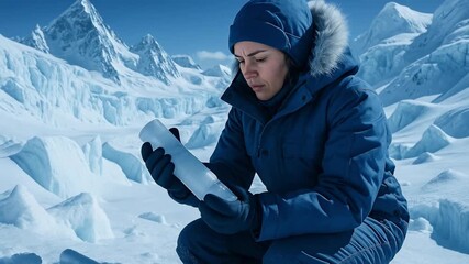 Focused Woman in an Expedition-Grade Blue Parka, designed for polar exploration, meticulously examining an ice core sample on a vast glacier with m...