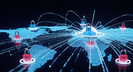 A world map with red and blue padlocks connected by lines representing network security and data protection