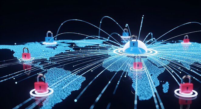 A world map with red and blue padlocks connected by lines representing network security and data protection