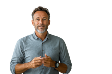 Smiling businessman in blue shirt gesturing explaining a project on transparent background, ready for design