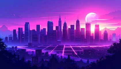Synthwave Cityscape: Neon Lights and Pink Sunset