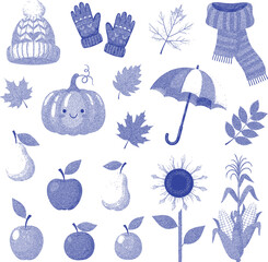 A Charming Collection of Autumn and Winter Elements in a Unique Blue Line Art Style