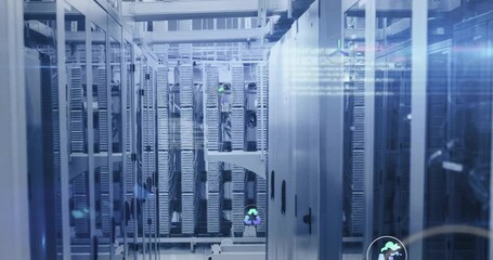 Animation of eco icons and digital data processing over computer servers - Powered by Adobe