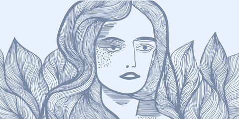 Abstract geometric background with hand drawn woman face, portrait drawn in simple hand drawn style, vector illustration.